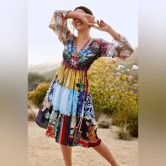 Johnny Was multicolor boho floral print patchwork silk dunas dress size XL - Picture 13 of 13